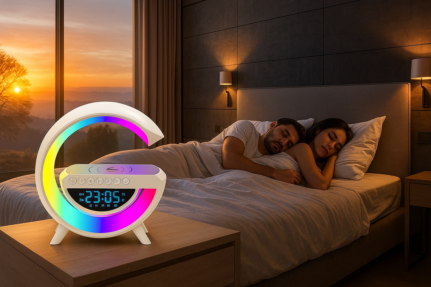 Altavoz Bluetooth G - Cargador inalámbrico + Lámpara LED + Reloj despertador